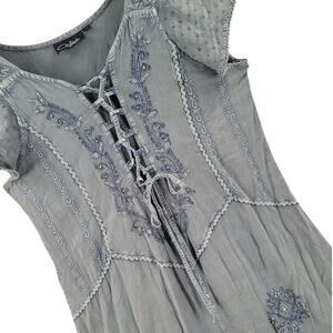 Coline Chambray Midi Dress Blue Embroidered Lace Up Boho Soft Girl Peasant